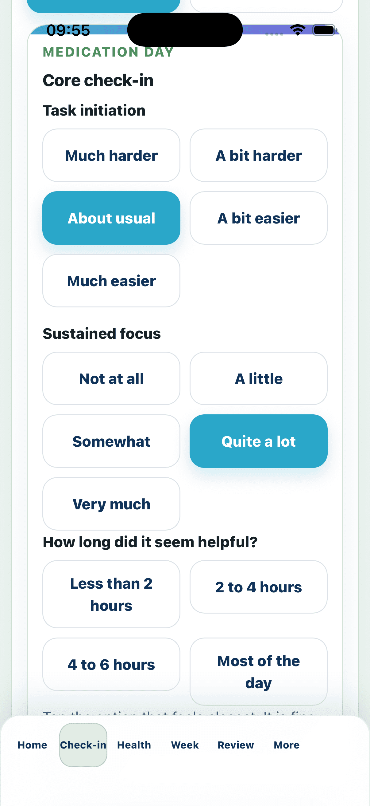 Titrio Focus medication day check-in screen with structured patient-entered options for task initiation, focus and duration notes.