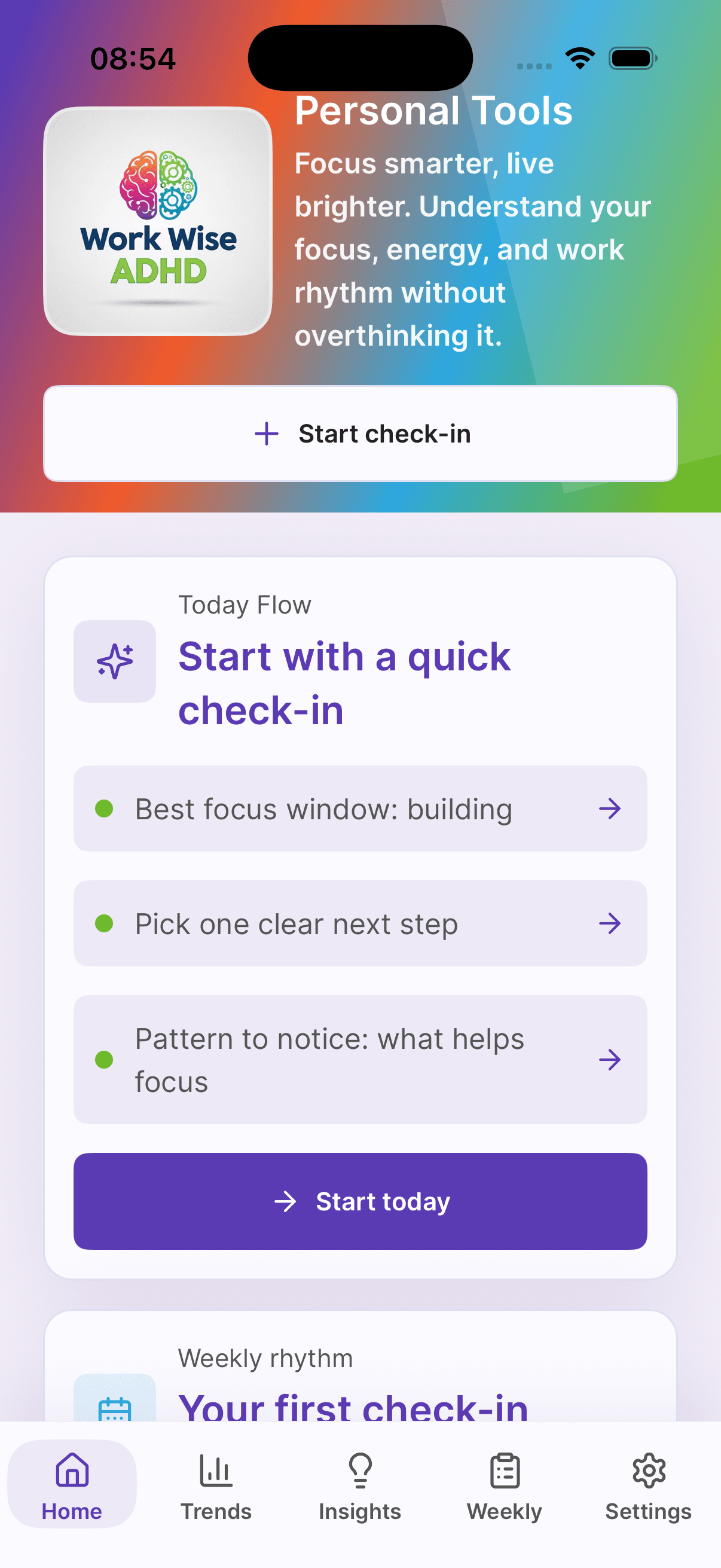 Titrio Focus app home screen showing personal tools and workday check-in