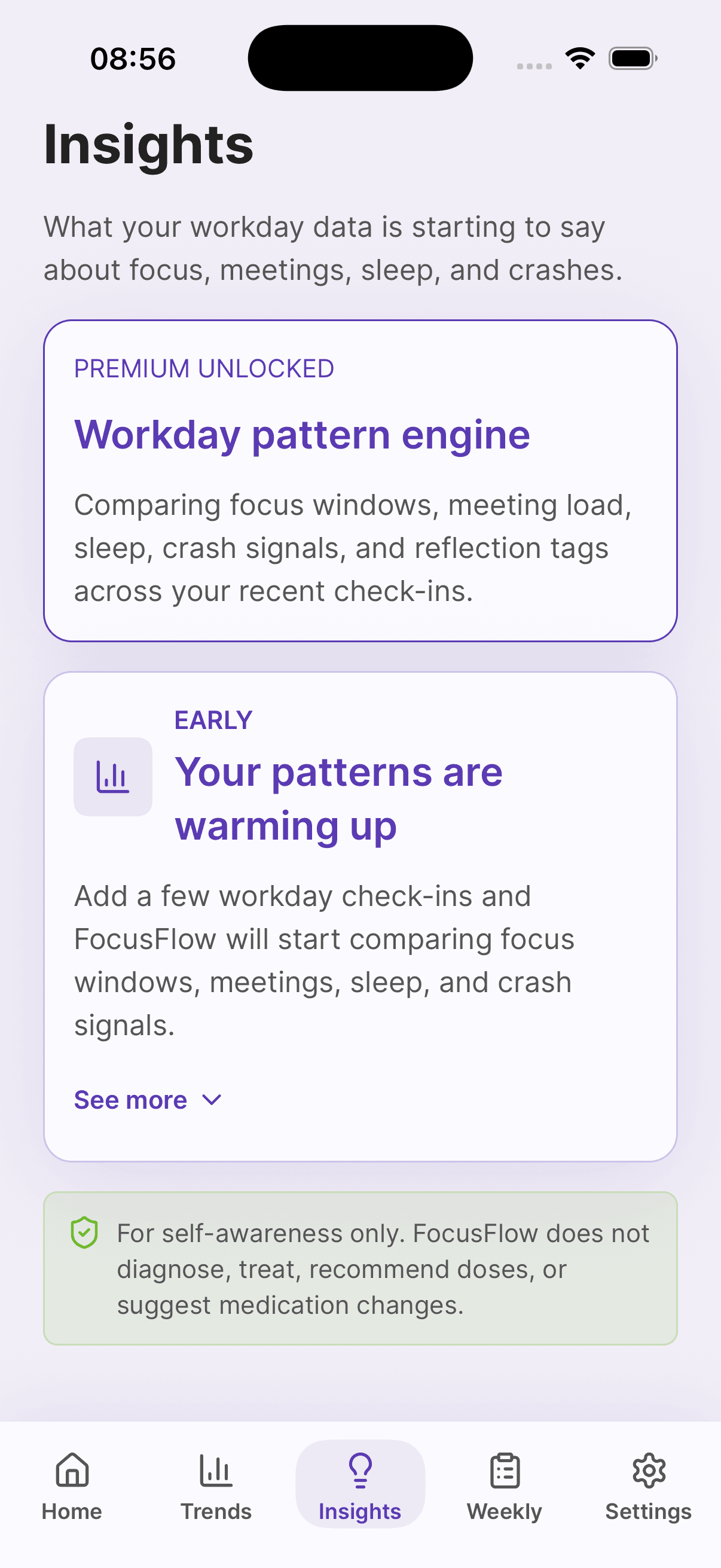 Titrio Focus insights screen showing workday patterns