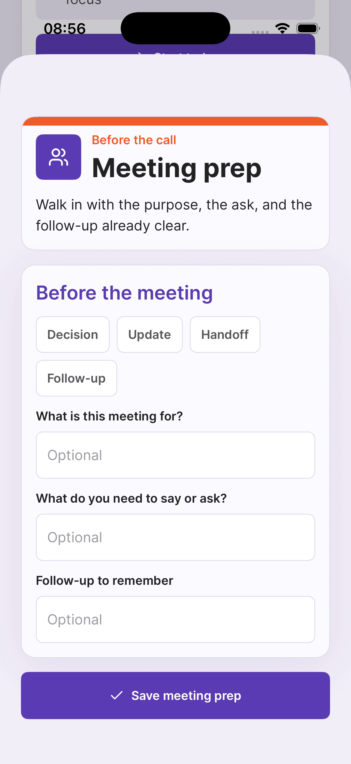 Titrio Focus meeting prep screen
