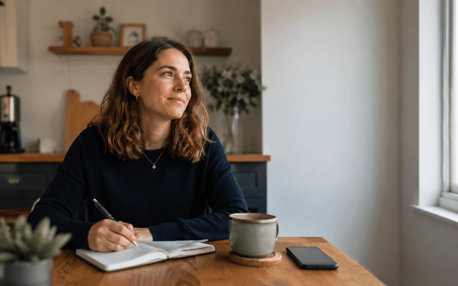 Maya preparing notes at a home office desk with a laptop, notebook, phone and cup of tea before an ADHD medication review.
