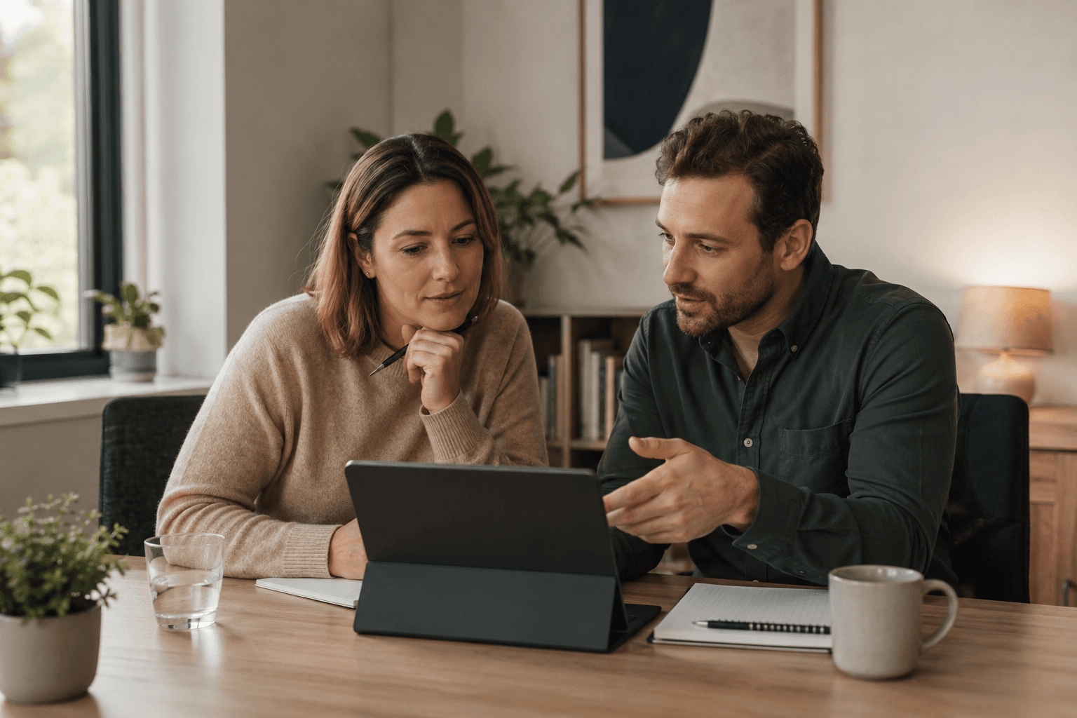 Two adults reviewing organised information on a tablet in a calm professional office.
