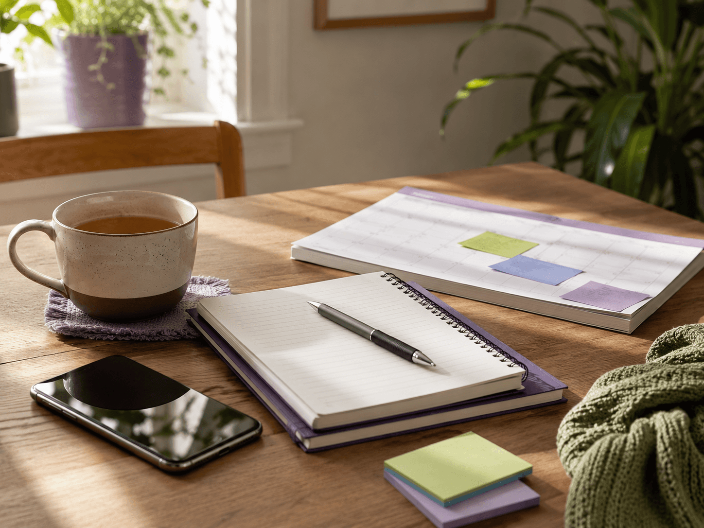Phone, notebook, calendar and cup of tea on a desk for preparing ADHD medication review notes.
